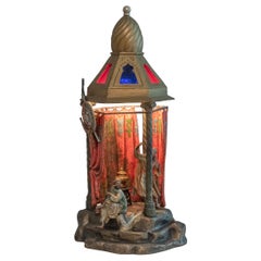 Orientalist Austrian Cold Painted Bronze Lamp w/ 2 Figures Inside a Small Room
