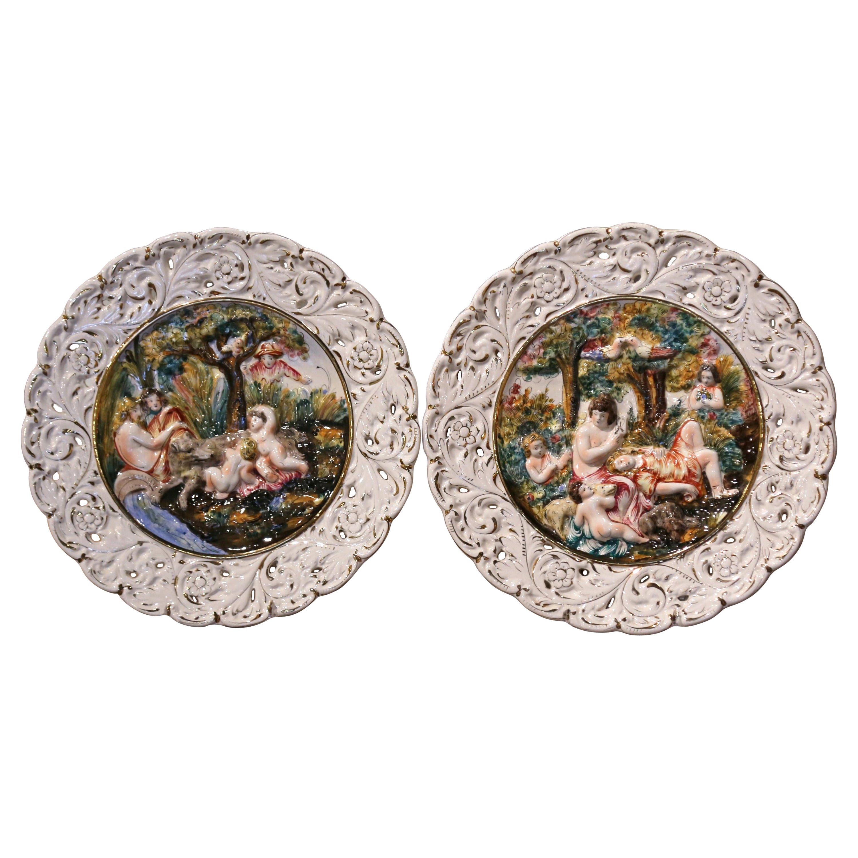 Pair of 20th Century Italian Hand-Painted Porcelain Capodimonte Wall Platters For Sale