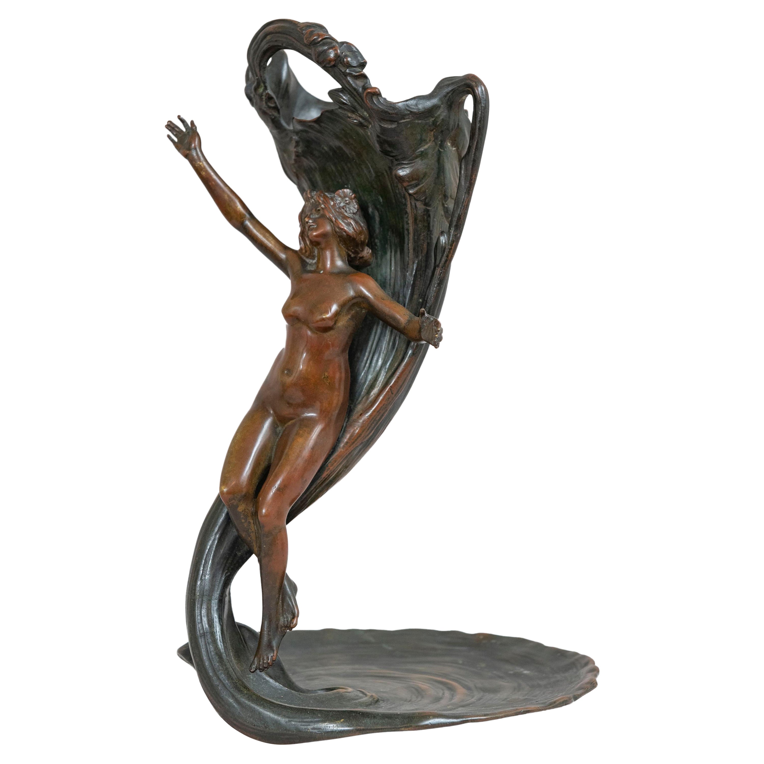 Austrian Art Nouveau Bronze Vase w/Nude, Artist Signed Babka, ca. 1900