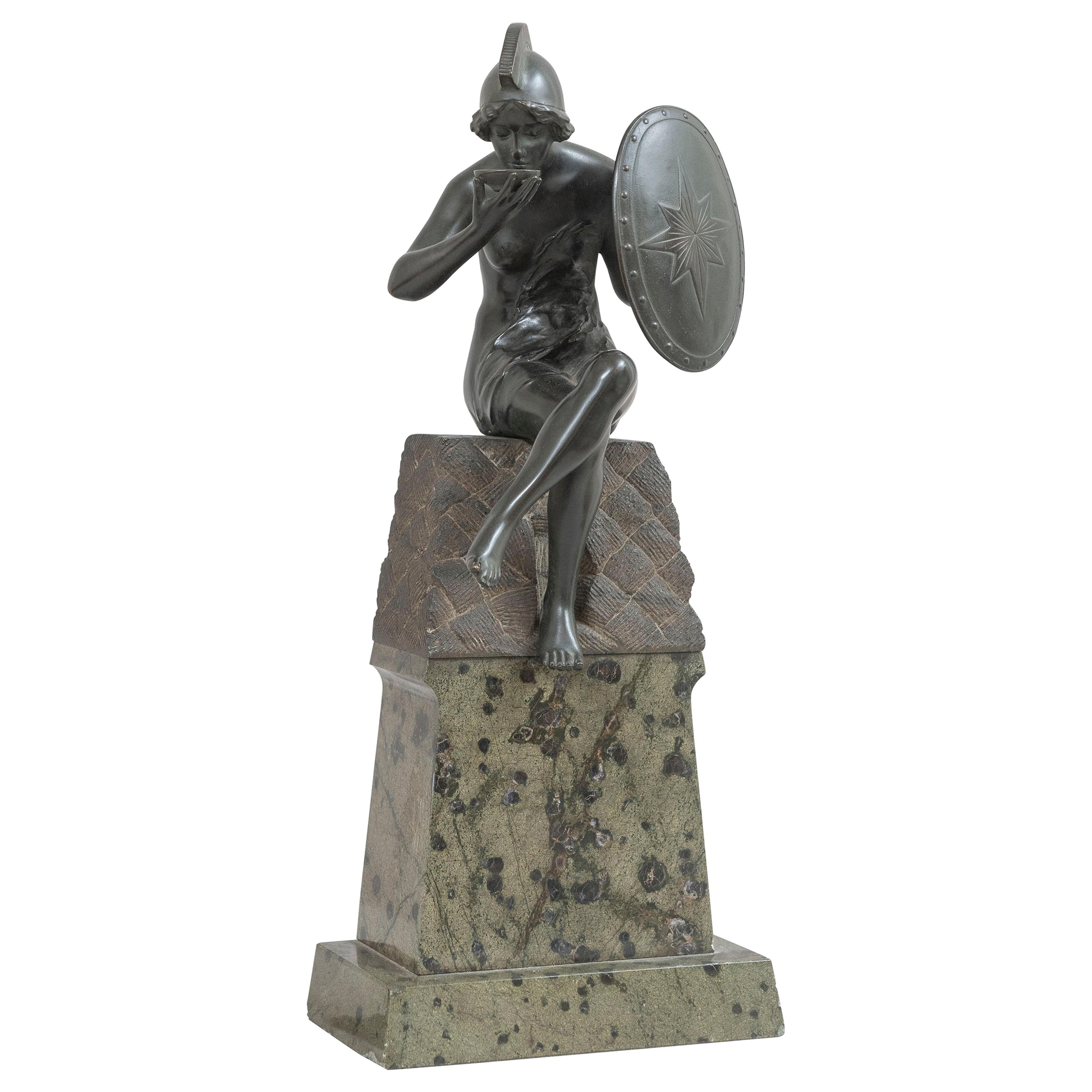 Brown Female Warrior w/Shield, on Carved Marble Base, German ca.1900 For Sale