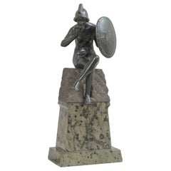 Brown Female Warrior w/Shield, on Carved Marble Base, German ca.1900