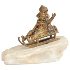 Antique Bronze, 2 Young Children Riding on Sled on Carved White Marble Base ca. 1895