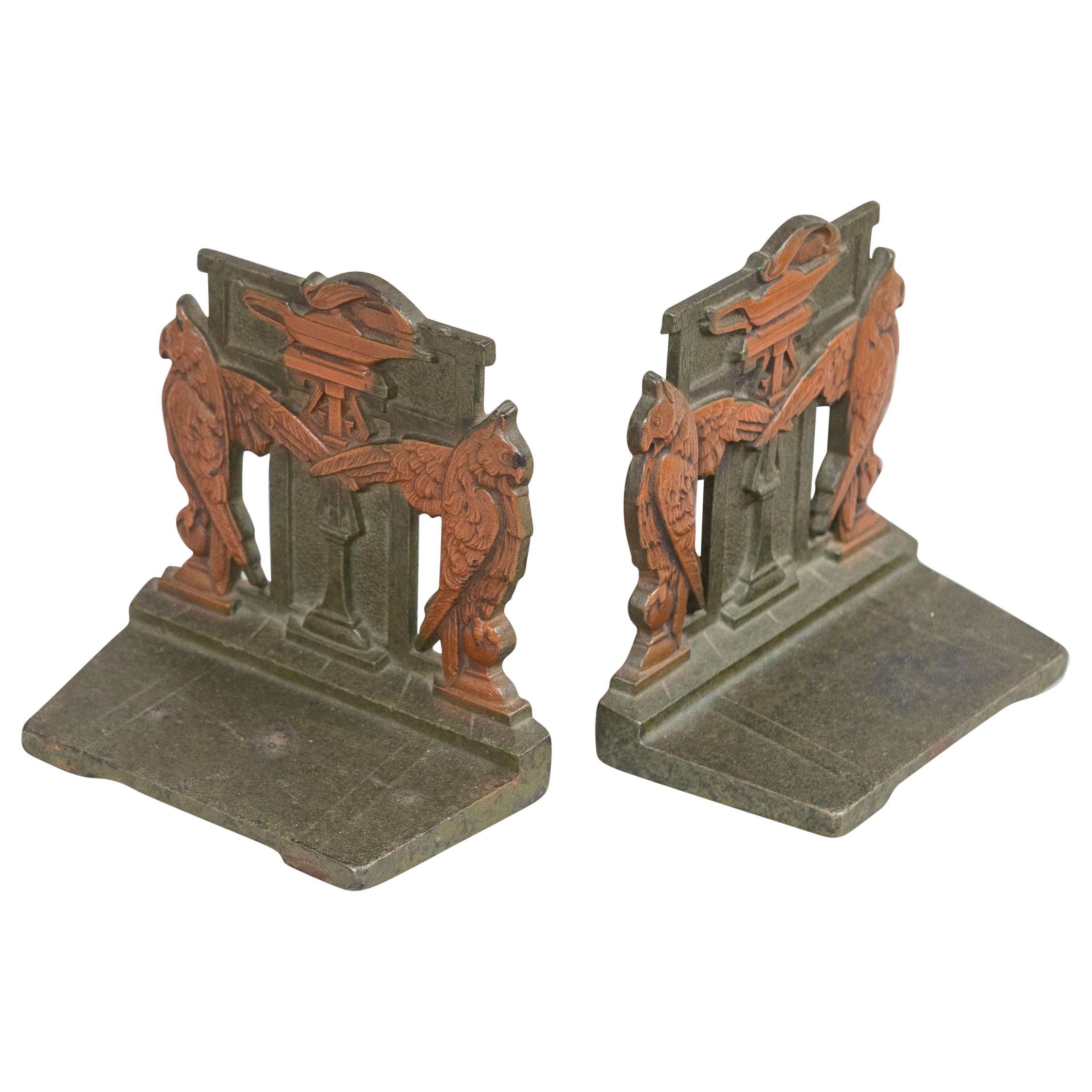 Pair of Art Deco Bookends w/Owls Surrounding a Flame, ca. 1920's, Judd Co.
