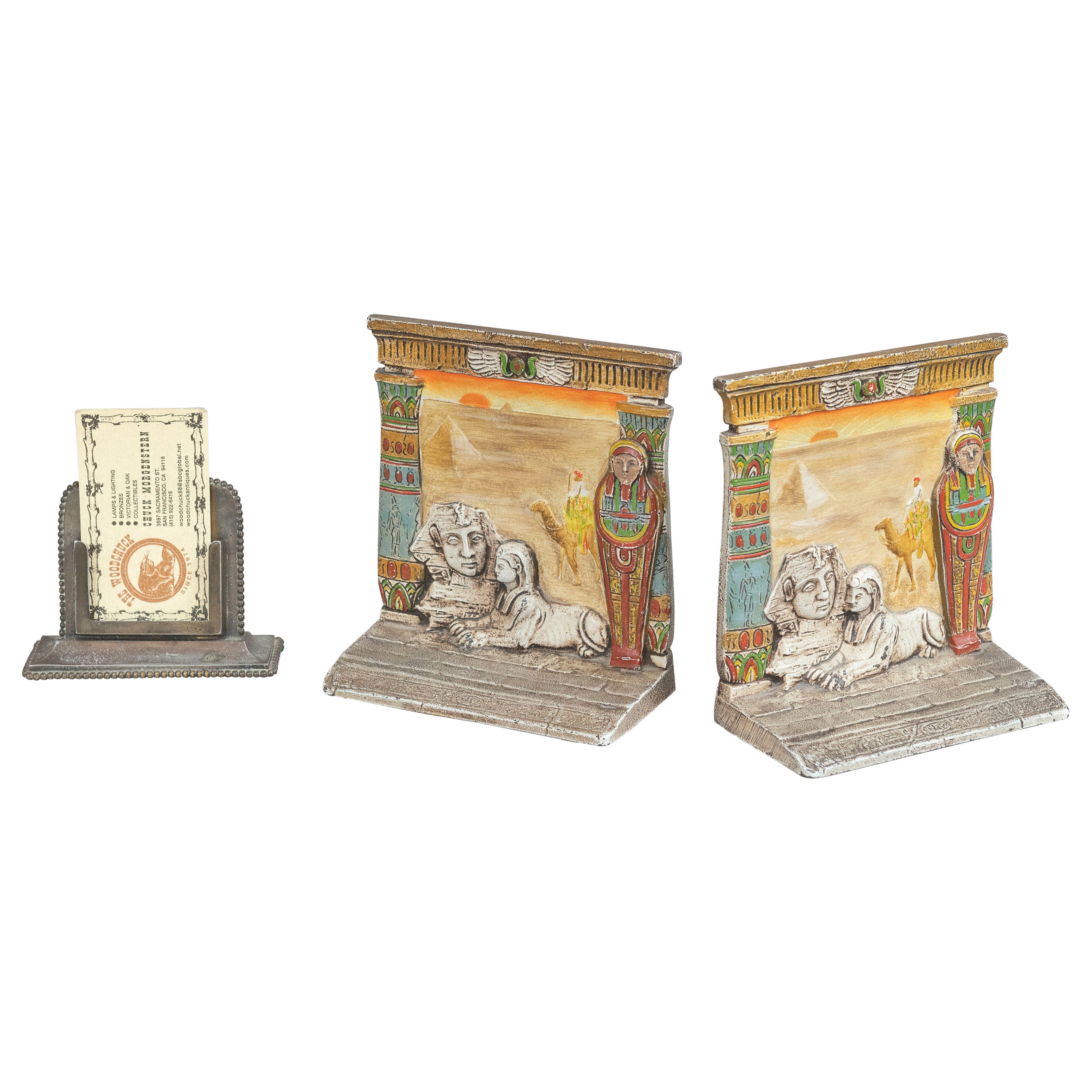 These highly detailed colorful bookends were done by the best creator of bookends, the Judd Co. With the Egyptian theme and done in bas relief you get a wonderful story told. Sphinx, Sarcophagus, Camel, Scarab, it's all there. Made from cast iron
