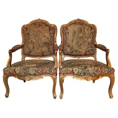 Pair Antique French Carved Wood with Gold-Leaf Tapestry Armchairs, Circa 1850
