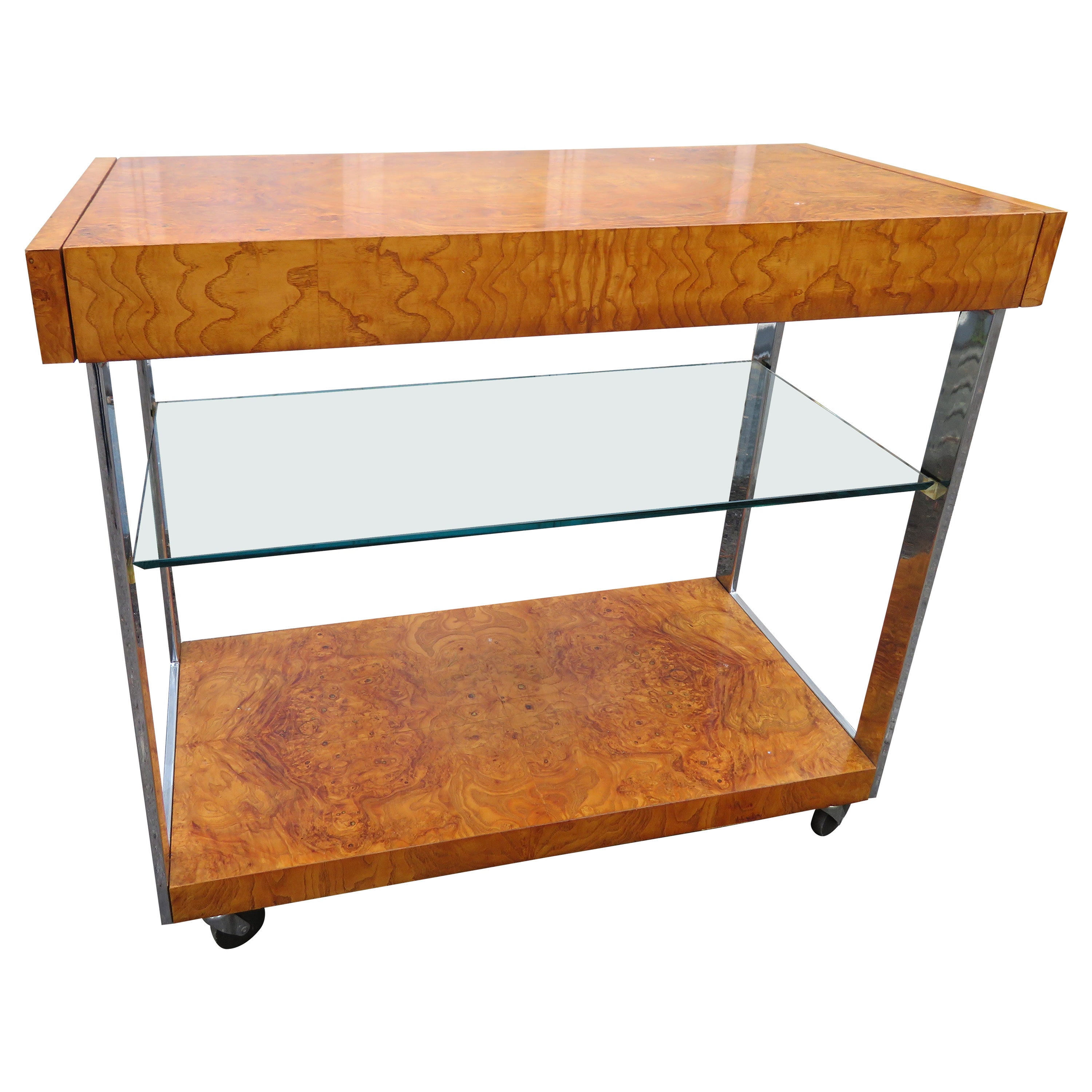 Fabulous Burl Olivewood Milo Baughman Style Bar Trolley Cart Mid-Century Modern For Sale