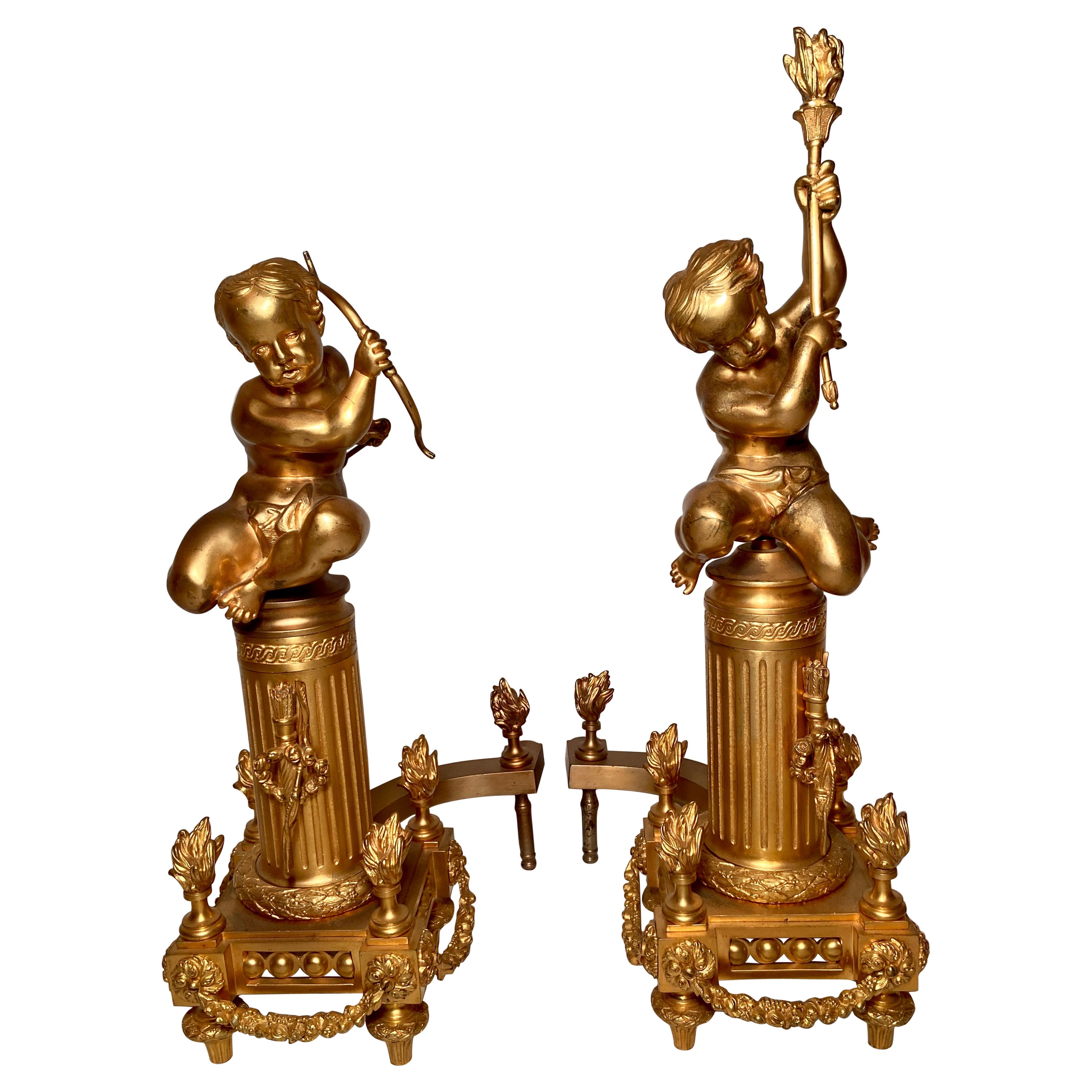 Antique French Louis XVI Ormolu Andirons with Classical "Putti", Circa 1880 For Sale