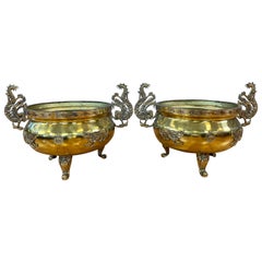 Pair Monumental Brass Chinese Style Jardinières