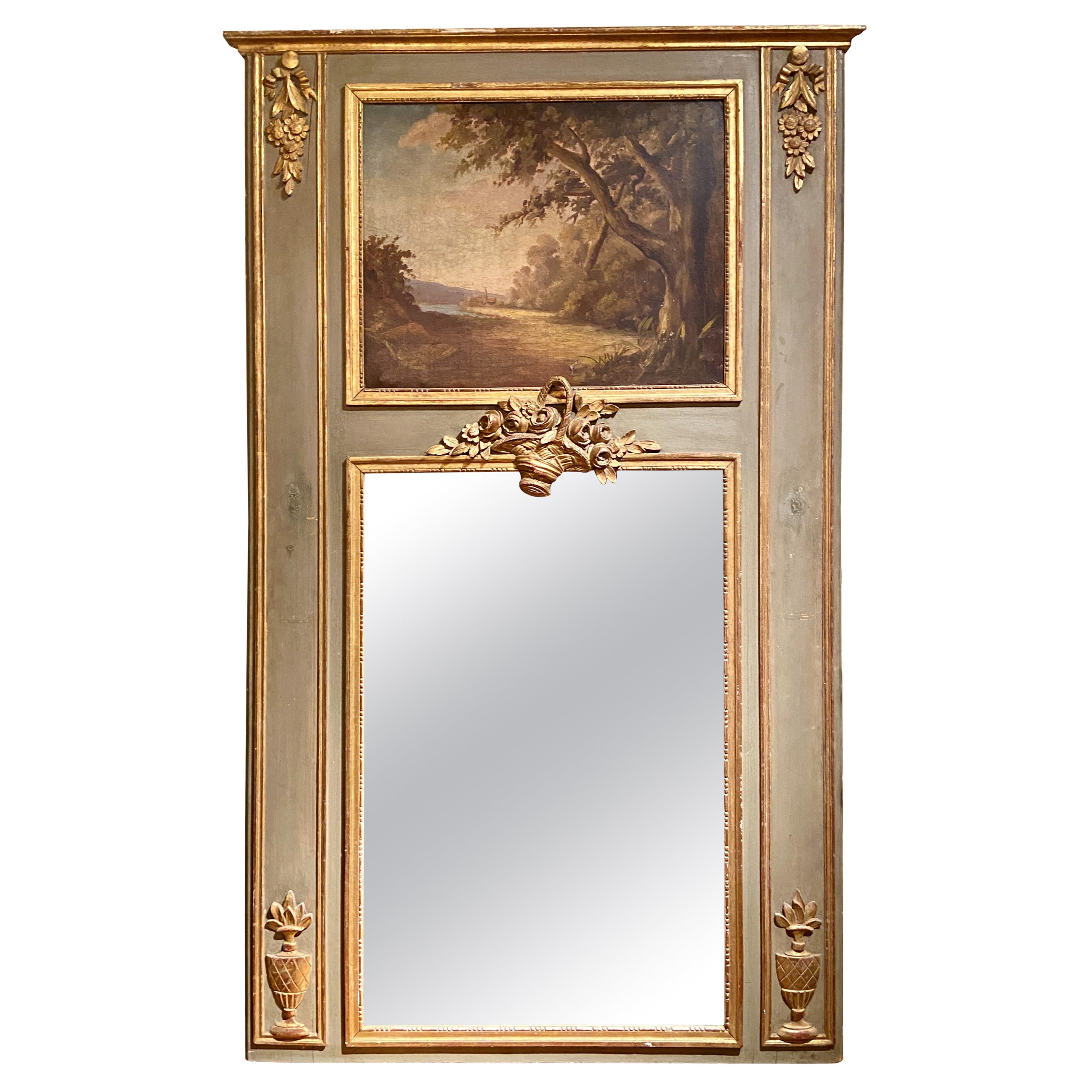 Antique French Provincial Trumeau Mirror with Landscape Scene, Circa 1880 For Sale