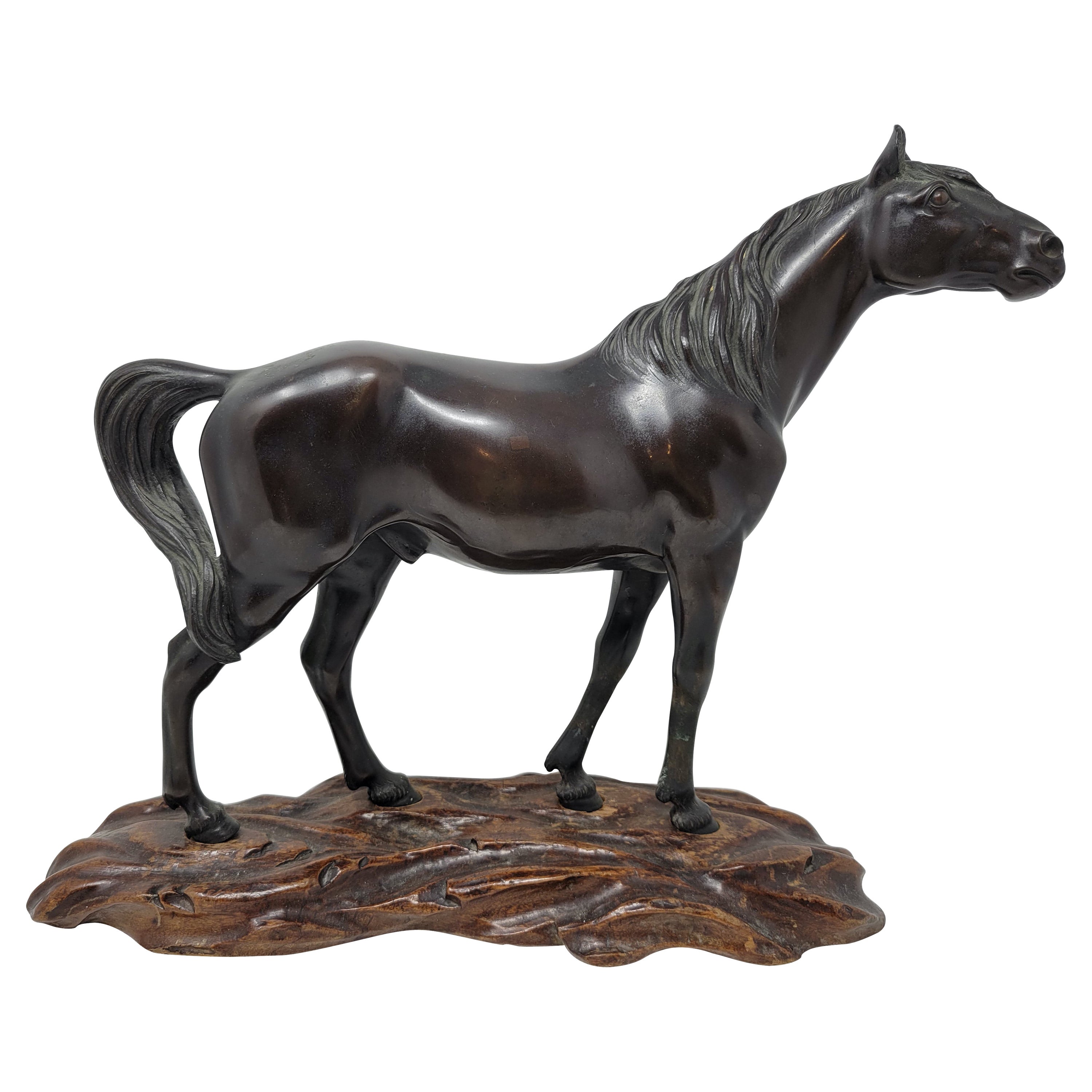 Antique 19th Century Japanese Bronze Horse on Hand-Carved Wooden Base For Sale