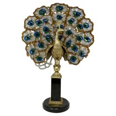 Antique French Gold Bronze, Marble & Crystal Beaded Peacock Lamp, Circa 1910's