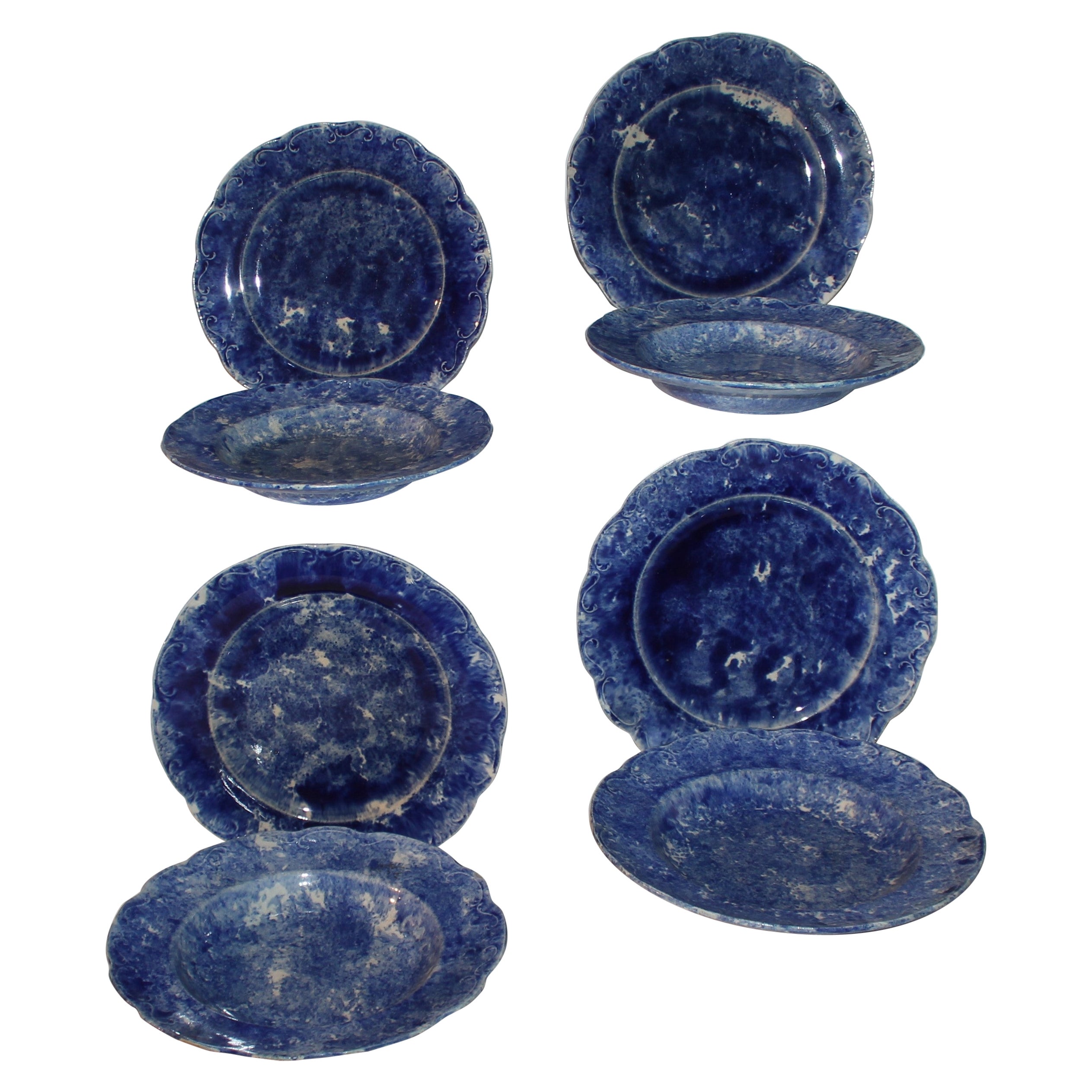 Kollektion von acht Stücken von Keramik aus Spongeware des 19. Jahrhunderts
