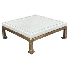 Vintage 1980s Mastercraft Faux White Leather and Brass Square Ming Coffee Table