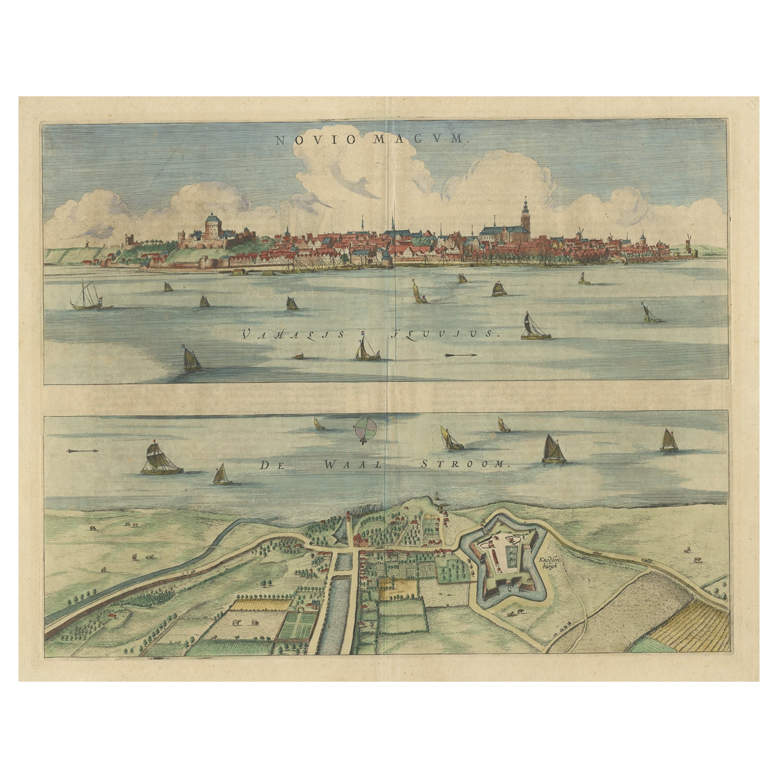 Magnifique vue d'oiseaux à l'œil nu de Nijmegen et de la rivière Waal, Pays-Bas, 1649