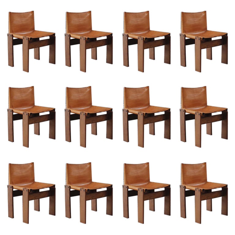 Afra & Tobia Scarpa "Monk" Chairs for Molteni in Cognac Leather, 1974, Set of 12 For Sale