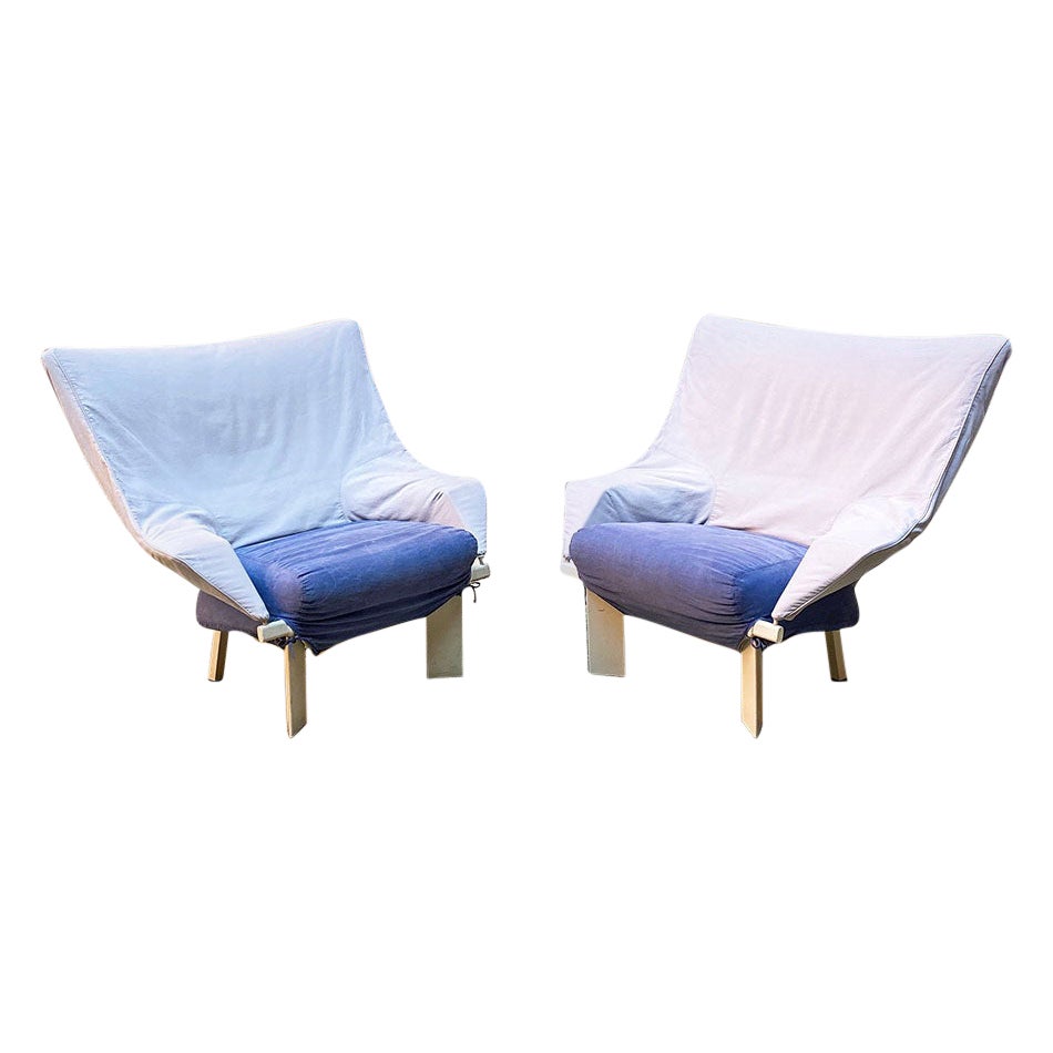Italian Post Modern Pair of Wood and Grey-Blue Fabric Armchairs, 1980s For Sale