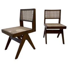 Pair of Mid-Century Modern Pierre Jeanneret Armless Dining Chairs, Teak, Cane
