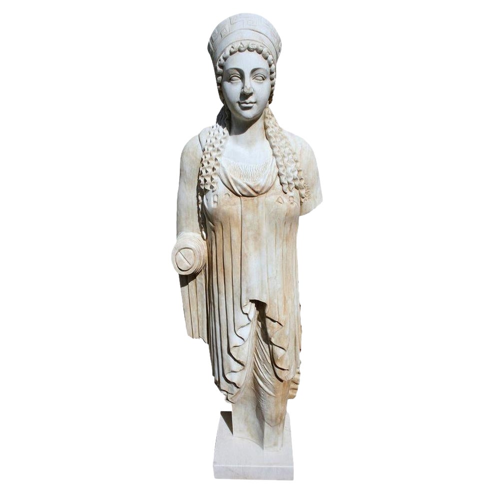 1990s Hand Carved White Marble Classical Greek Kore Female Sculpture