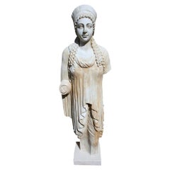 1990s Hand Carved White Marble Classical Greek Kore Female Sculpture