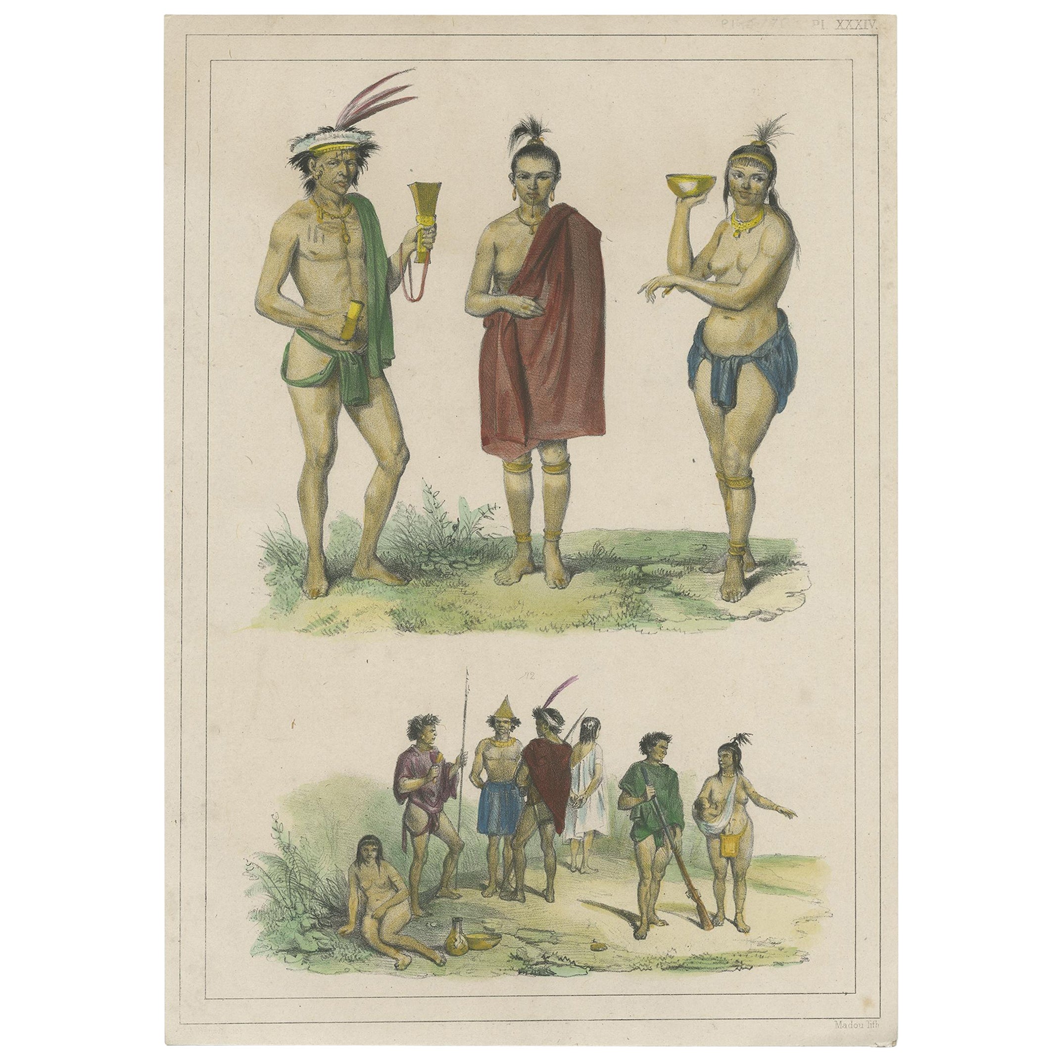 Decorative Print of Natives of the Caribbean Showing Tattoos & Costumes, 1839