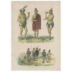 Antique Decorative Print of Natives of the Caribbean Showing Tattoos & Costumes, 1839