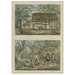 Handcolored Print of a Home for Slaves and a Slave Family in Surinam, 1839