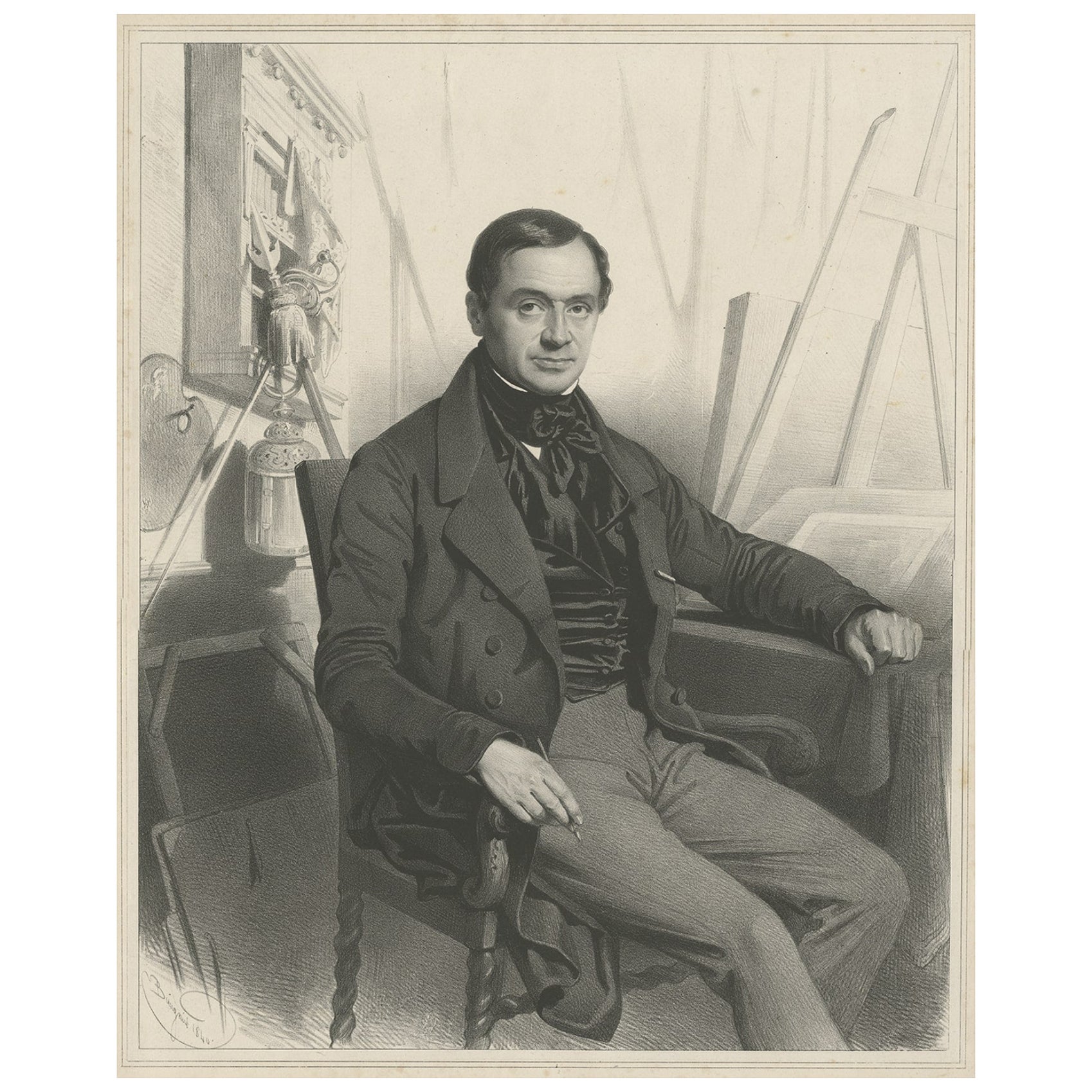 Ancien portrait de Jean Baptiste Madou, peintre, graveur et lithographe pionnier, 1842