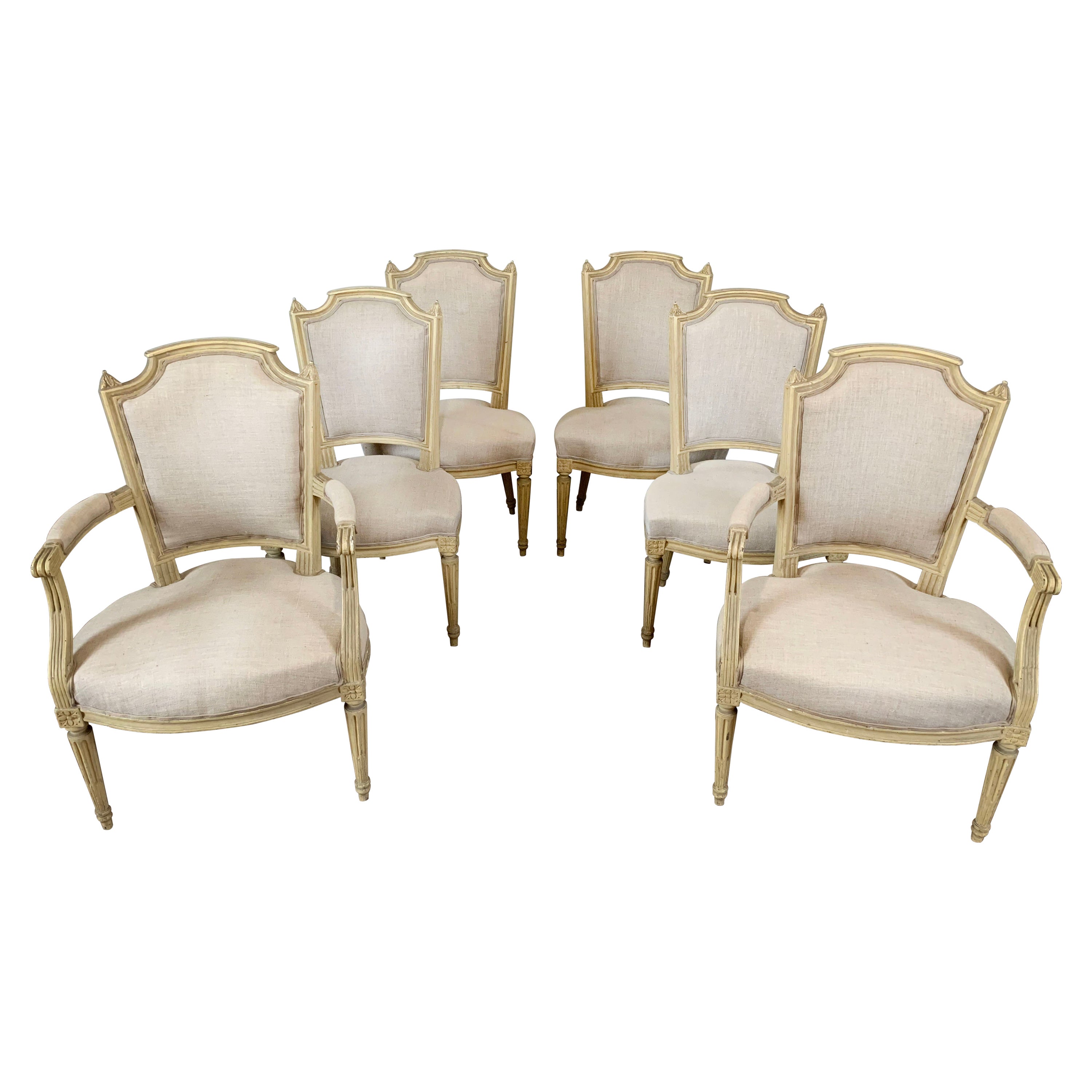 French Set of 4 Chairs and 2armchairs Linen - Louis XV Style - 19th France For Sale