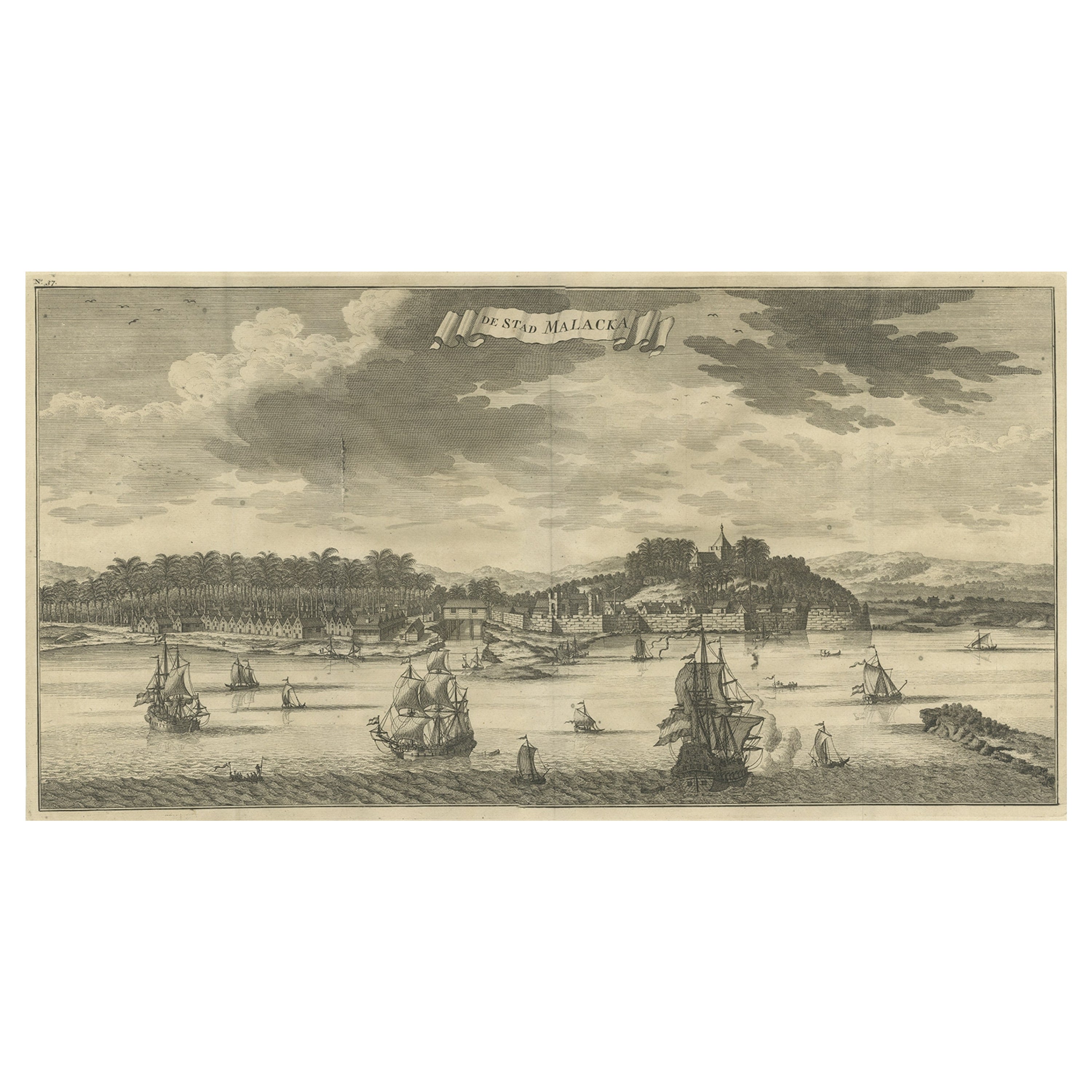 Antique Panoramic View of the Town of Malacca, Malaysia, 1726