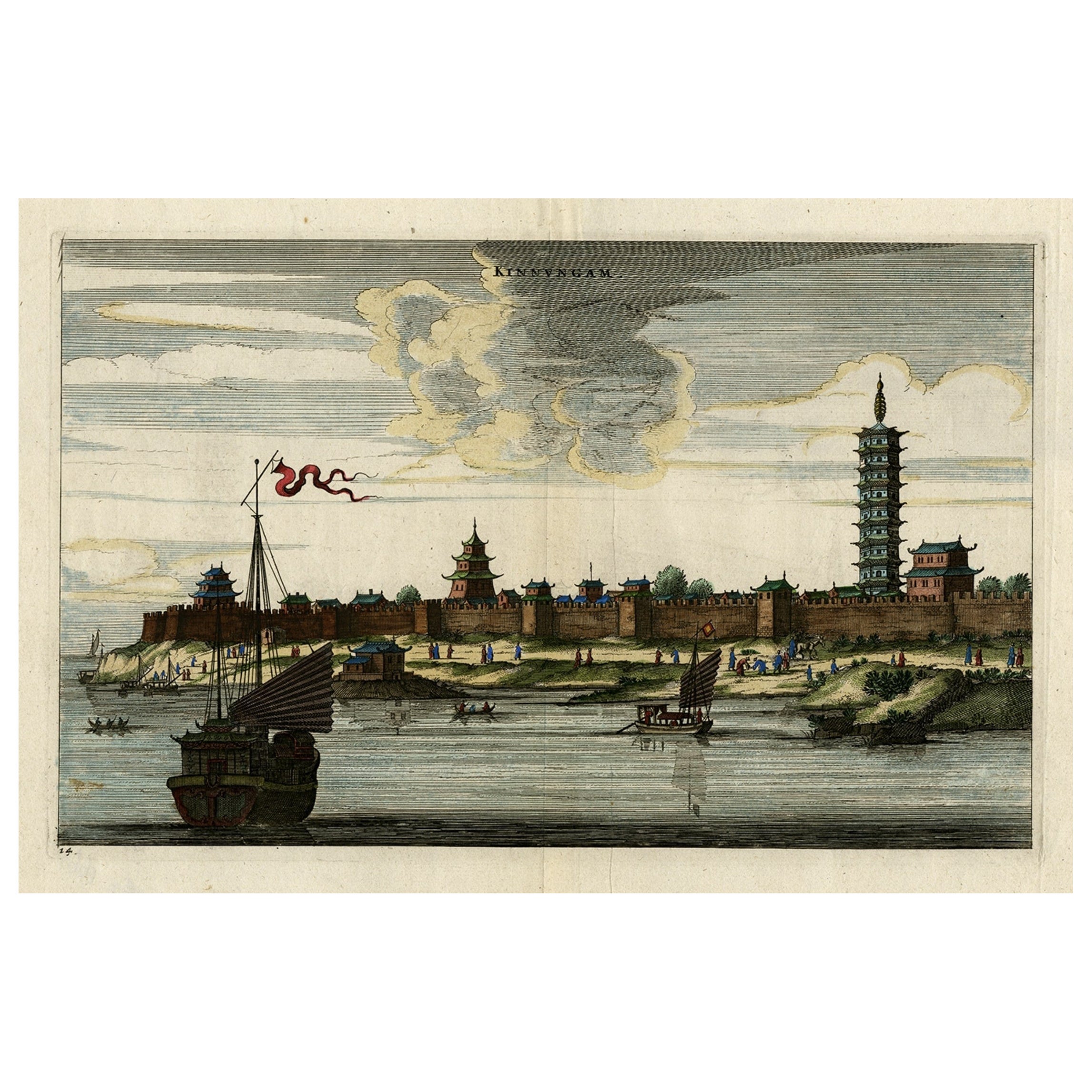 Stampa antica originale della città cinese di Kinnungam con i suoi bastioni, 1665