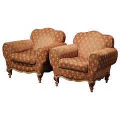 Antique Pair of 19th Century French Carved Club Armchairs with Fleur-de-Lis Fabric