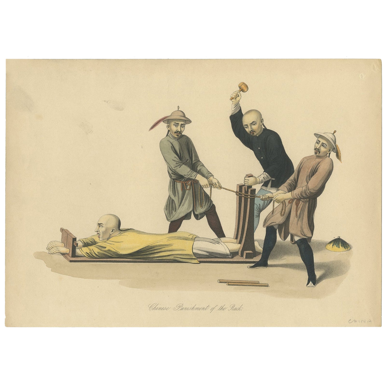 Impression ancienne de la torture ou de la punition du porte-monnaie chinoise, 1859 en vente