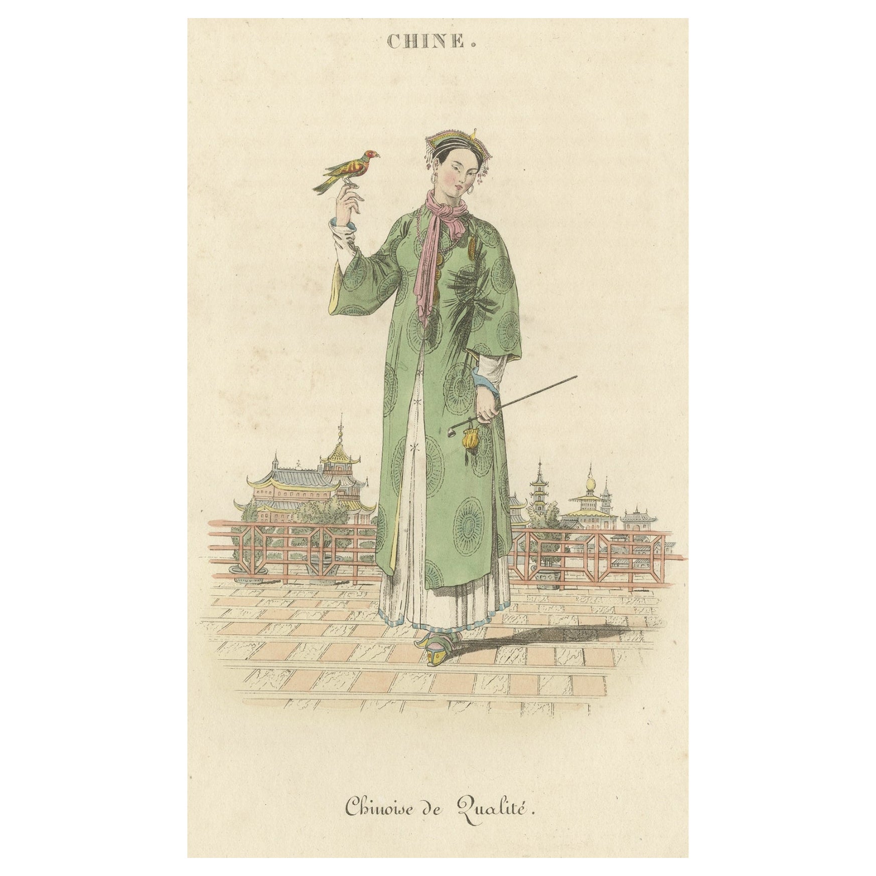 Ancienne estampe chinoise représentant une femme tenant un oiseau devant une pagode en Chine, vers 1820 en vente