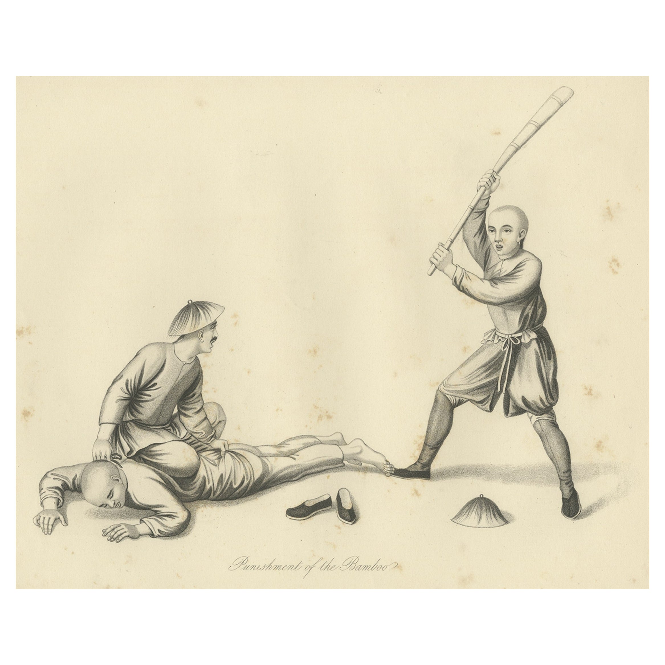Impression ancienne d'origine de punishment chinois avec bambou, 1859 en vente