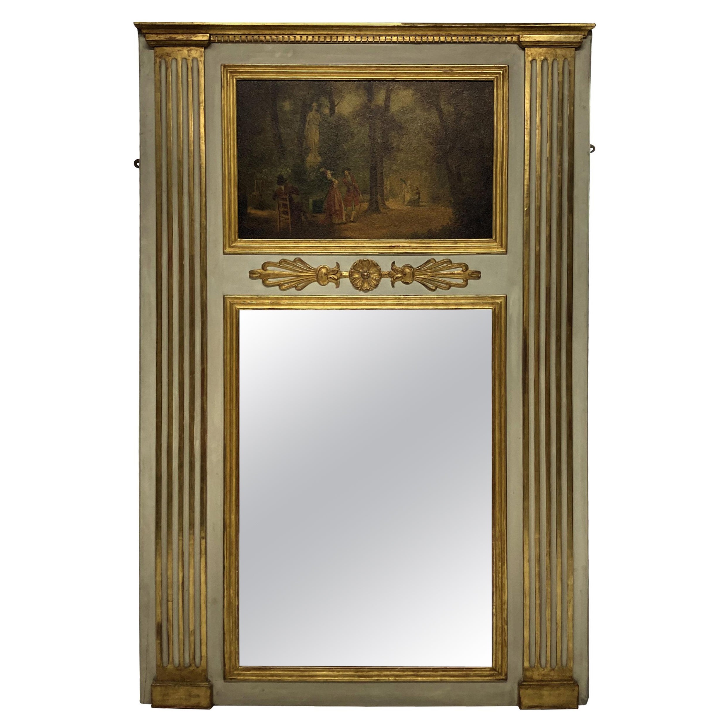 French Painted & Gilded Trumeau Mirror with Painted Panel For Sale
