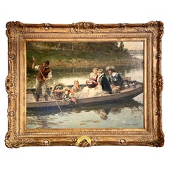 Antique French Oil on Canvas Genre Landscape Painting by Adrien Moreau 1843-1905