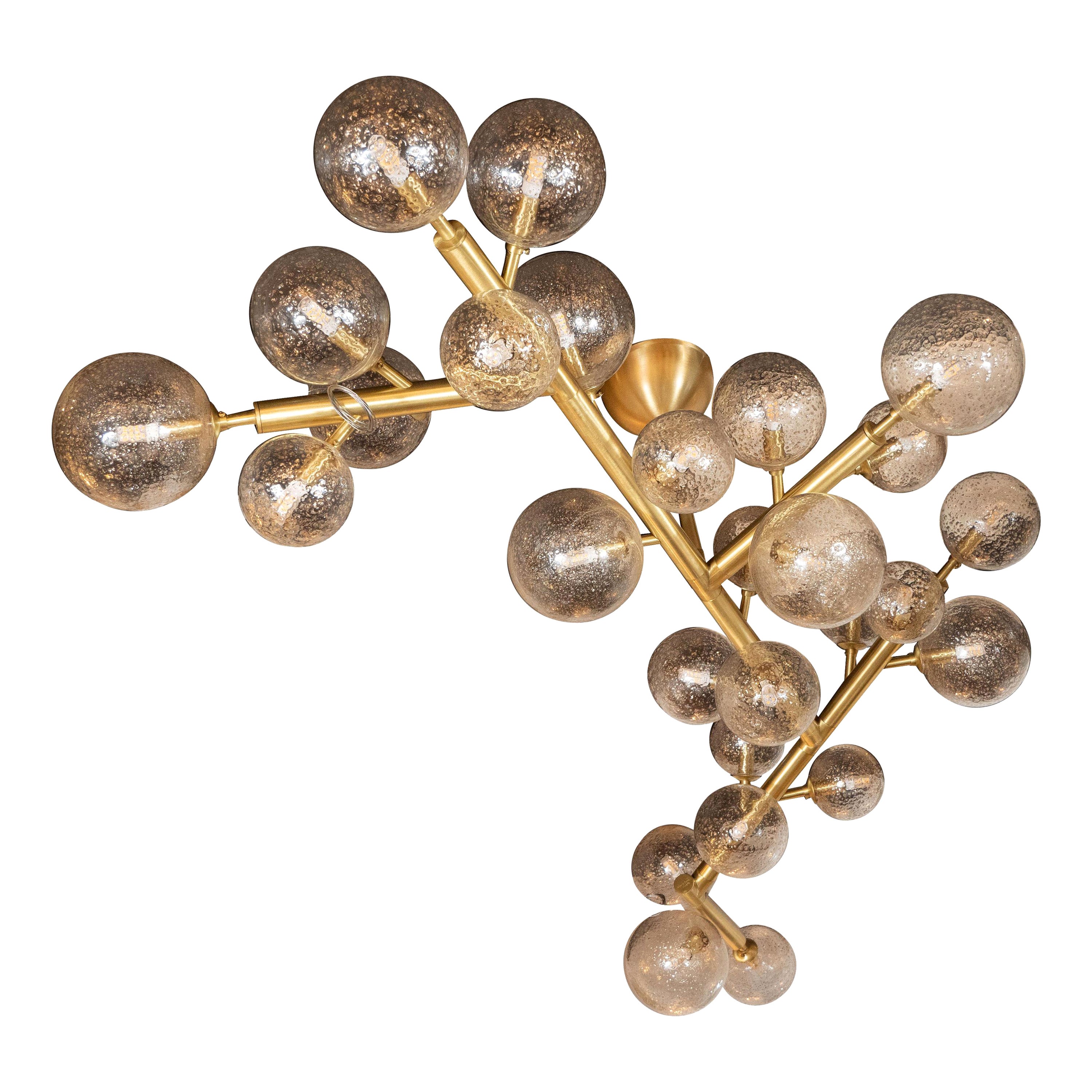 Modernist Brass Snowflake Chandelier with 24-Karat Gold Hand Blown Murano Globes For Sale