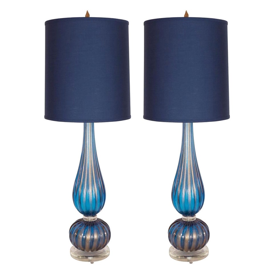 Pair of Modern Handblown Murano Royal Blue Glass Table Lamps w/ 24kt Gold Flecks