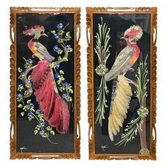 Vintage Mexican Feathercraft Framed Bird Feather Art, A Pair