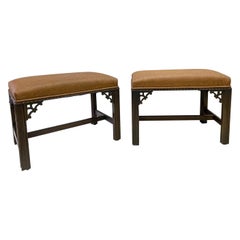 1970s Chinese Chippendale Style Ostrich Leather Ottomans Benches, Pair