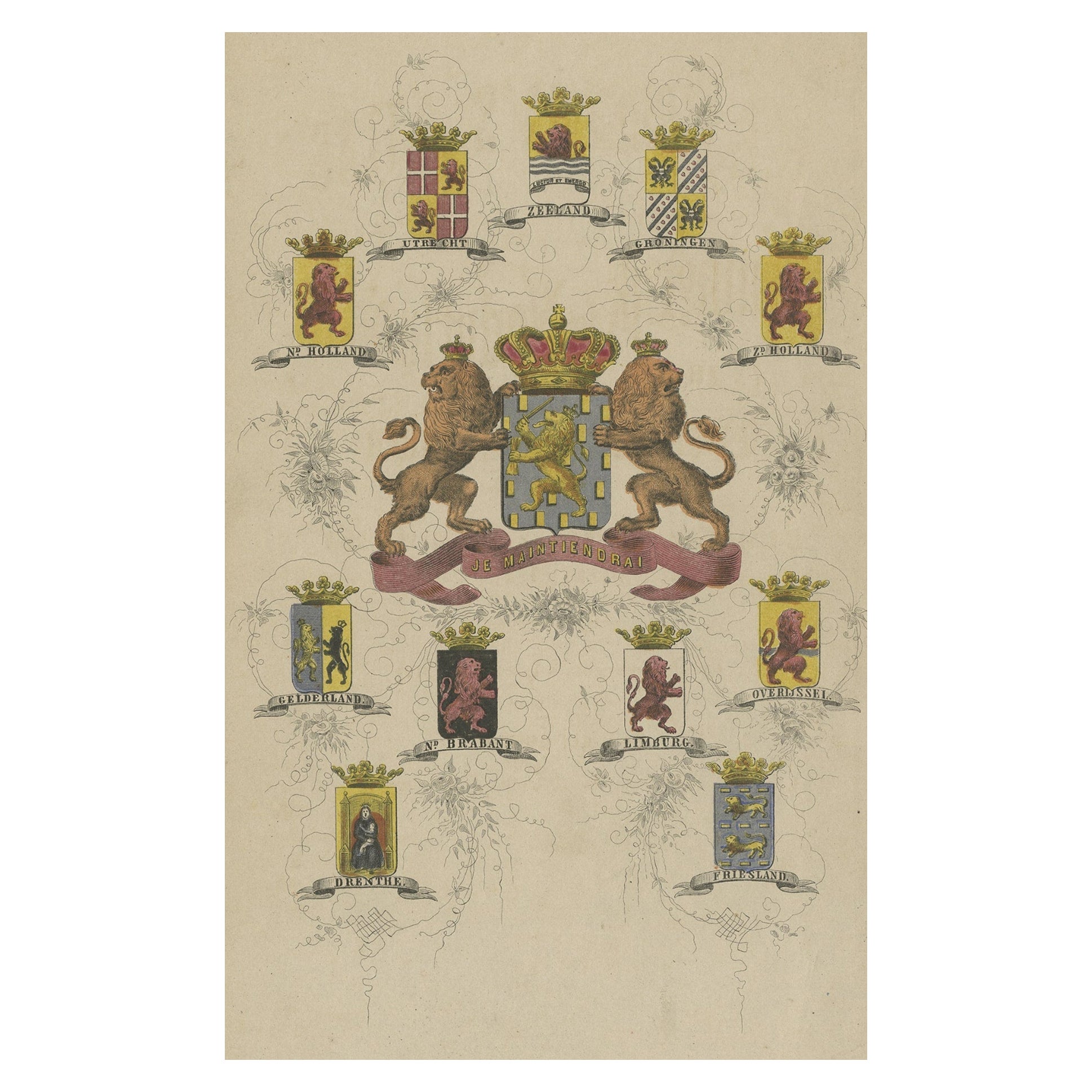 Coat of Arms of the Netherlands, Including Coats of Arms of the Provinces, 1864 For Sale