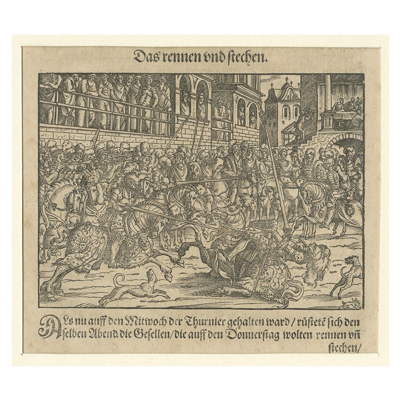 Gravure originale du 16e siècle représentant un tournoi médiéval, vers 1578
