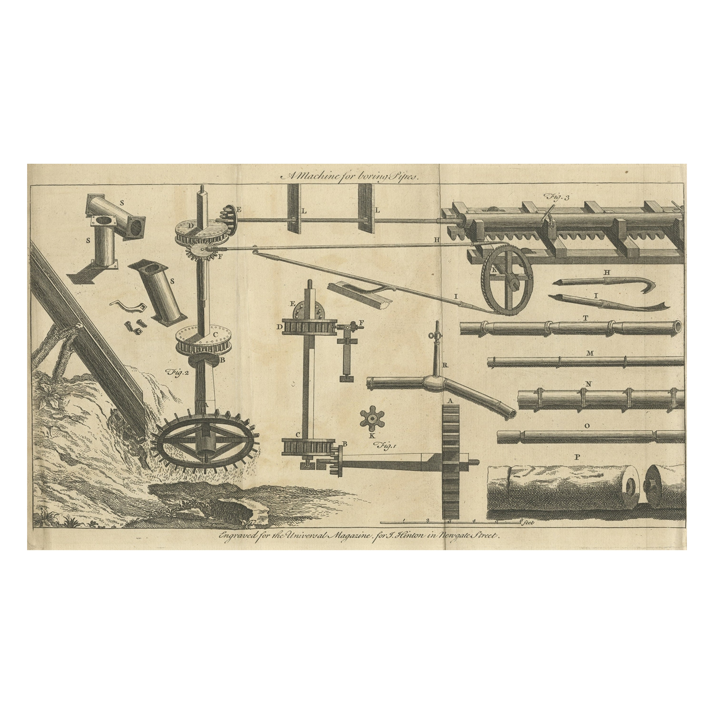 Original Antique Print of a Machine for Boring Pipes, ca.1760 For Sale