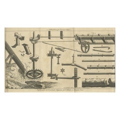 Original Antique Print of a Machine for Boring Pipes, ca.1760