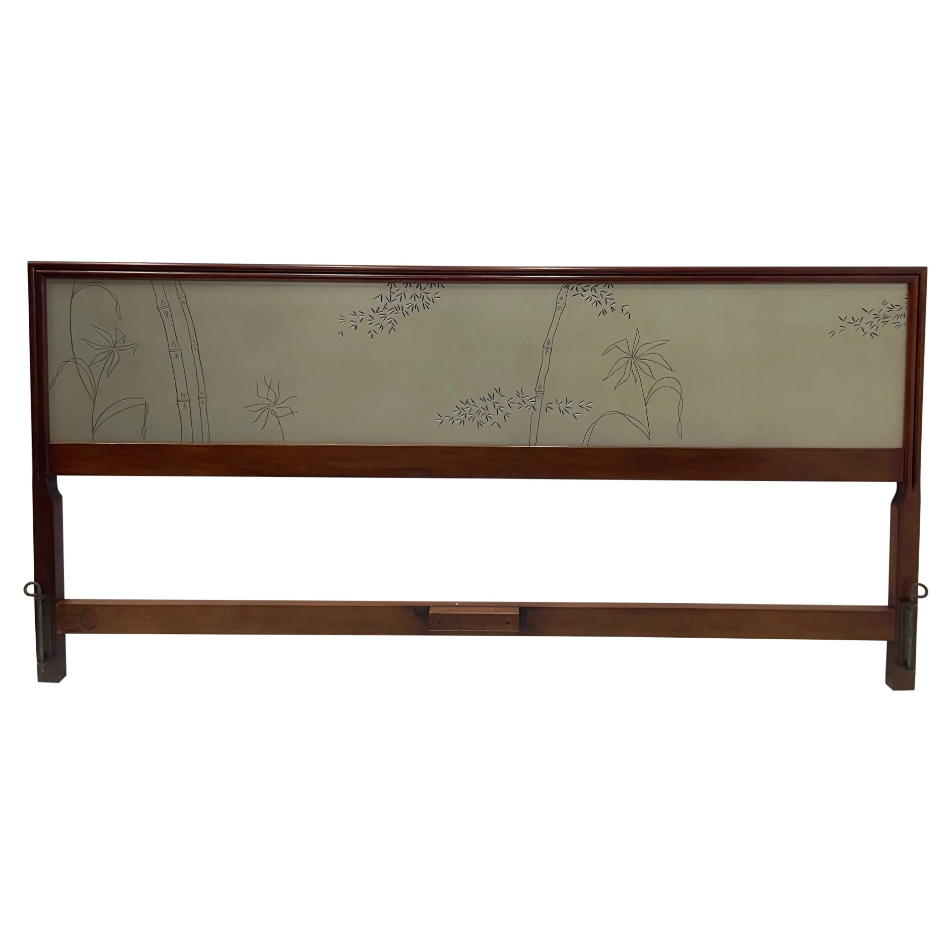 Chic Mid Century Modern Kingsized Mahogany Carved Headboard with Asian Motife For Sale