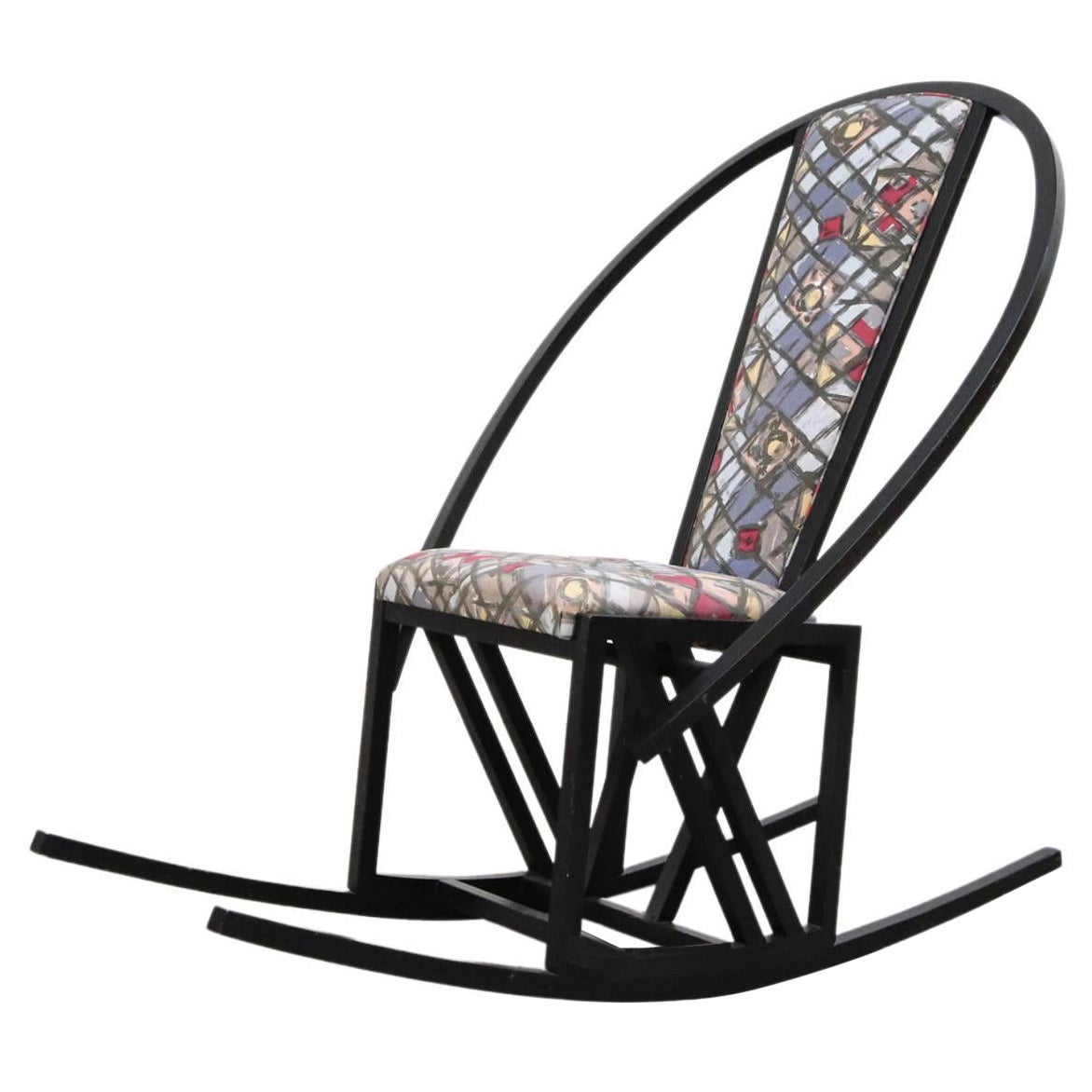 Ettore Sottsass insp. 1980's Memphis Style Black Wood Frame Rocking Chair For Sale