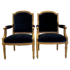 Pair Antique 19th Century French Louis XVI Giltwood Armchairs.