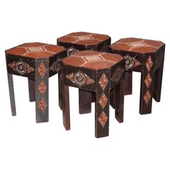 Pair of 1930s Moroccan Stools with Embroidered Nigerian Leather Tops