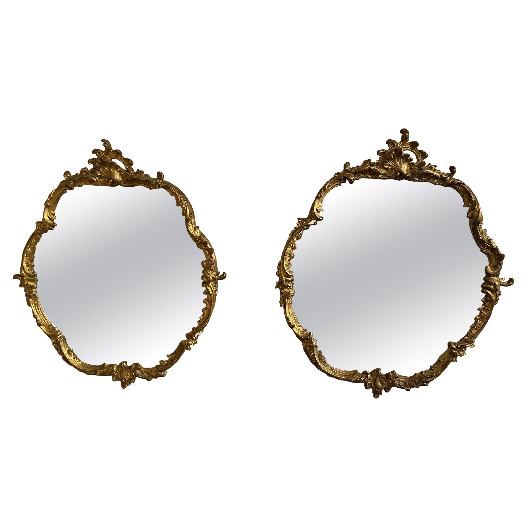 Pair of French Louis XV Style Carved & Gilded Rounded Mirrors, 19th Century