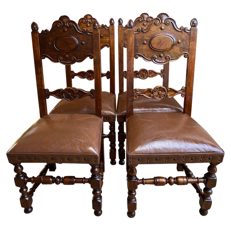 Set 4 Vintage French Carved Oak Ladder Back Dining Chair Leather Seat Brass Trim For Sale